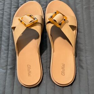 OluKai Women's Beige Slide Sandals with Tortoiseshell Buckle